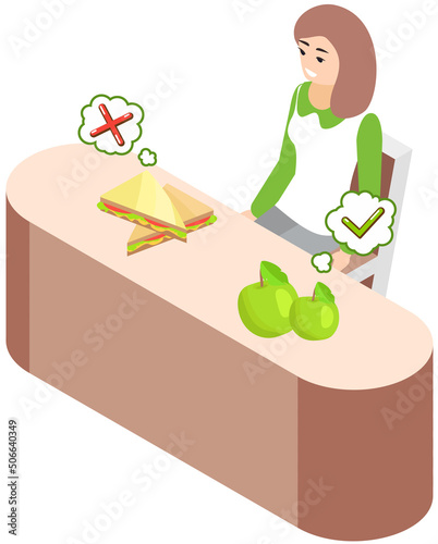 Healthy vegetable and excessive calories in products. Young girl makes choise in dieting. Lady chooses between sandwich and apple. Definition of healthy and unhealthy food, proper nutrition concept