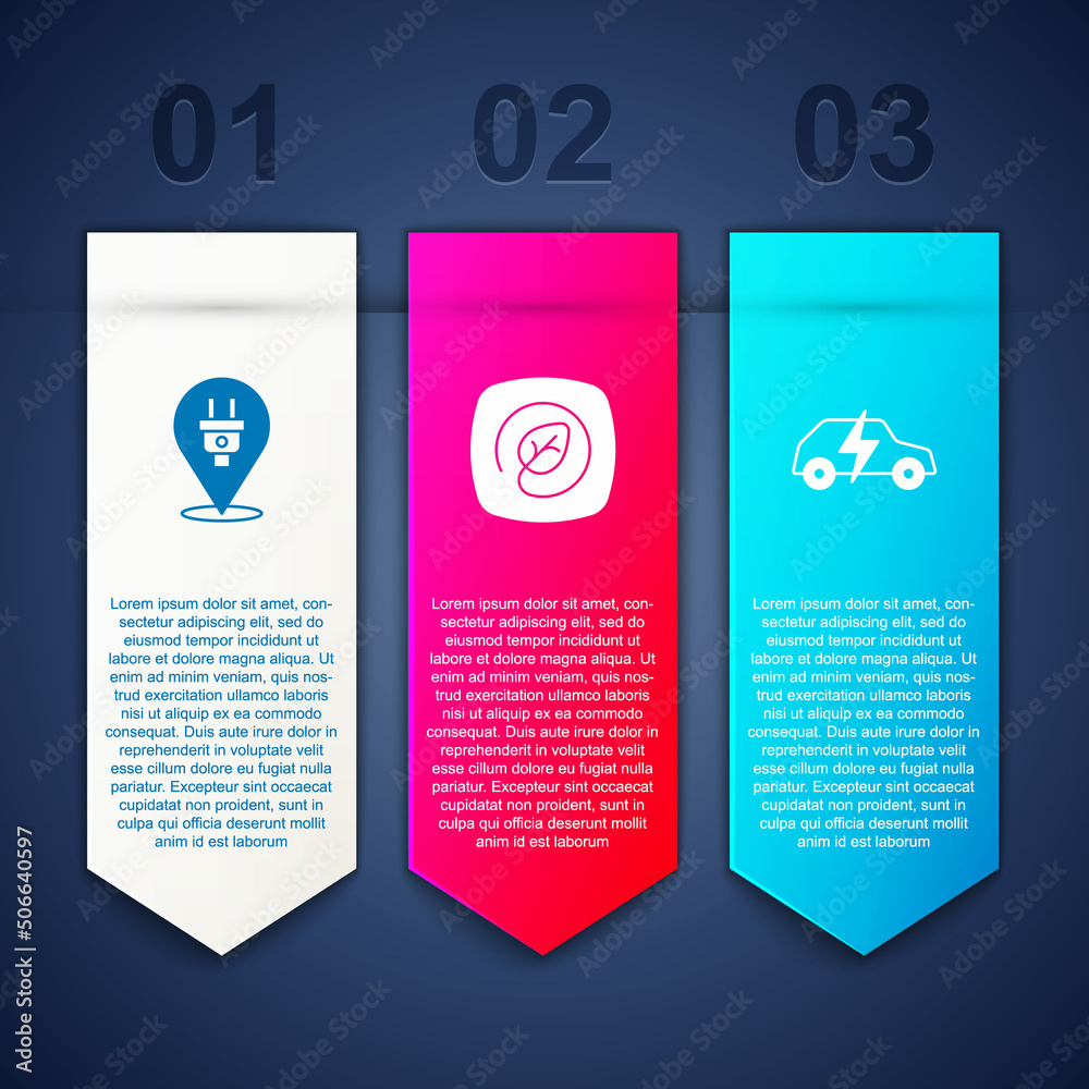 Set Electric plug, Location with leaf and car. Business infographic template. Vector