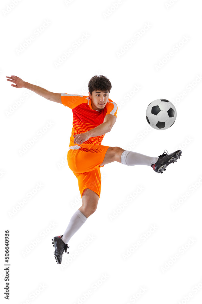 Fototapeta premium Professional football, soccer player in motion isolated on white studio background. Concept of sport, match, active lifestyle, goal and hobby