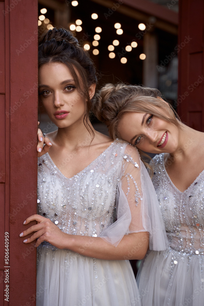 European girls bridesmaids in silver dresses having fun