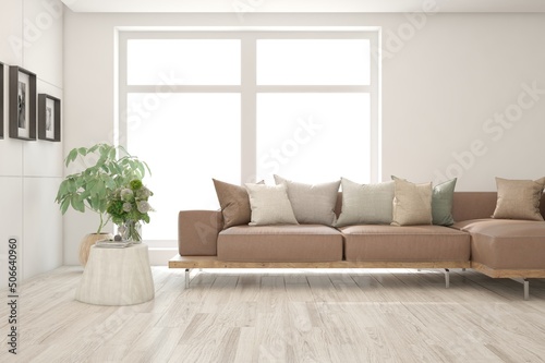 White living room with leather sofa. Scandinavian interior design. 3D illustration