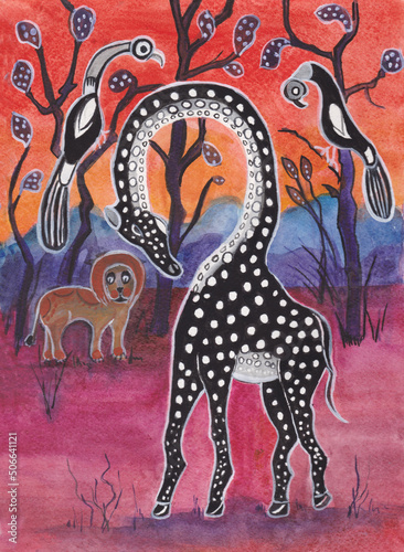 giraffe, lion and birds at sunset, drawing in style tingotingo photo