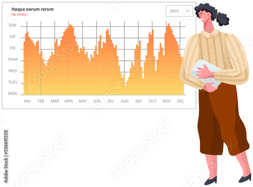 Analytics and development statistics. Web analysis measure, product testing technology. Woman analyses digital report. Statistical indicators and data on diagram. Graphic information visualization