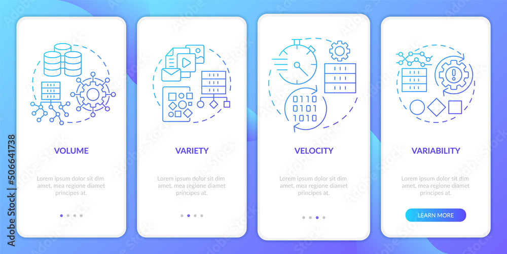 Big data characteristics blue gradient onboarding mobile app screen. Walkthrough 4 steps graphic instructions pages with linear concepts. UI, UX, GUI template. Myriad Pro-Bold, Regular fonts used