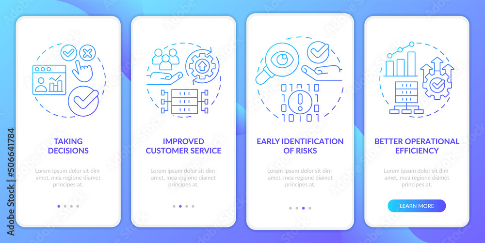 Advantages of big data blue gradient onboarding mobile app screen. IoT walkthrough 4 steps graphic instructions pages with linear concepts. UI, UX, GUI template. Myriad Pro-Bold, Regular fonts used