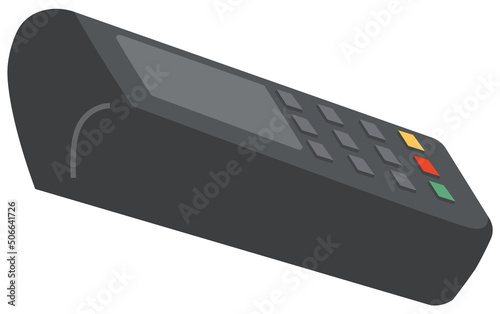Pos terminal, payment by debit credit card, pin code. NFC technology. Pay for purchases using card at supermarket concept. Device for contactless payment with buttons isolated on white background