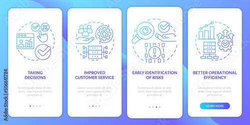 Advantages of big data blue gradient onboarding mobile app screen. IoT walkthrough 4 steps graphic instructions pages with linear concepts. UI, UX, GUI template. Myriad Pro-Bold, Regular fonts used