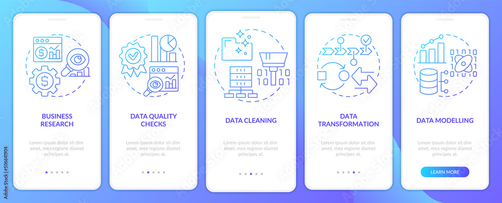 Data mining process blue gradient onboarding mobile app screen. Walkthrough 5 steps graphic instructions pages with linear concepts. UI, UX, GUI template. Myriad Pro-Bold, Regular fonts used