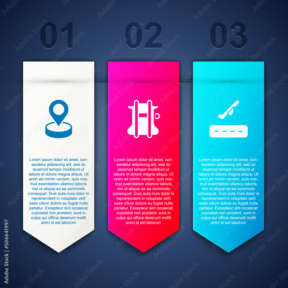 Set Location, Parachute and Plane takeoff. Business infographic template. Vector