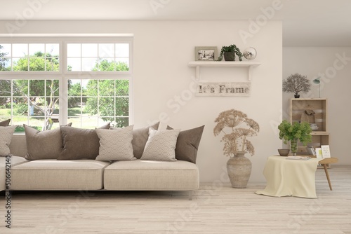 White living room with sofa and summer landscape in window. Scandinavian interior design. 3D illustration