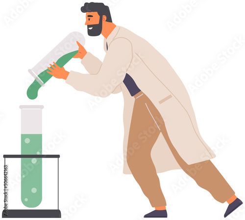 Scientist makes laboratory analysis. Idea of education, chemistry, science. Biologist studies structure of experimental liquid. Biological research, experiment with reagent in lab vector illustration