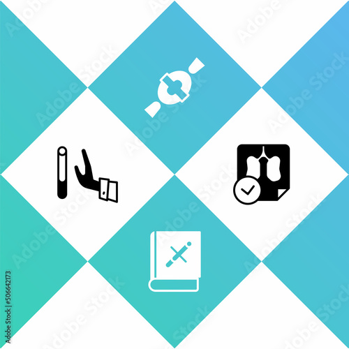 Set Giving up cigarette, Book with stop, Candy and Lungs x-ray diagnostics icon. Vector