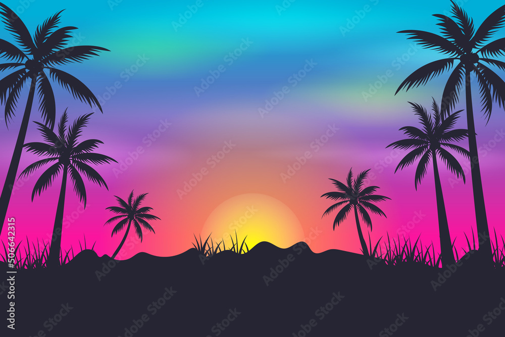Tropical palm trees with colorful sunset or sunrise sky Cartoon illustration  