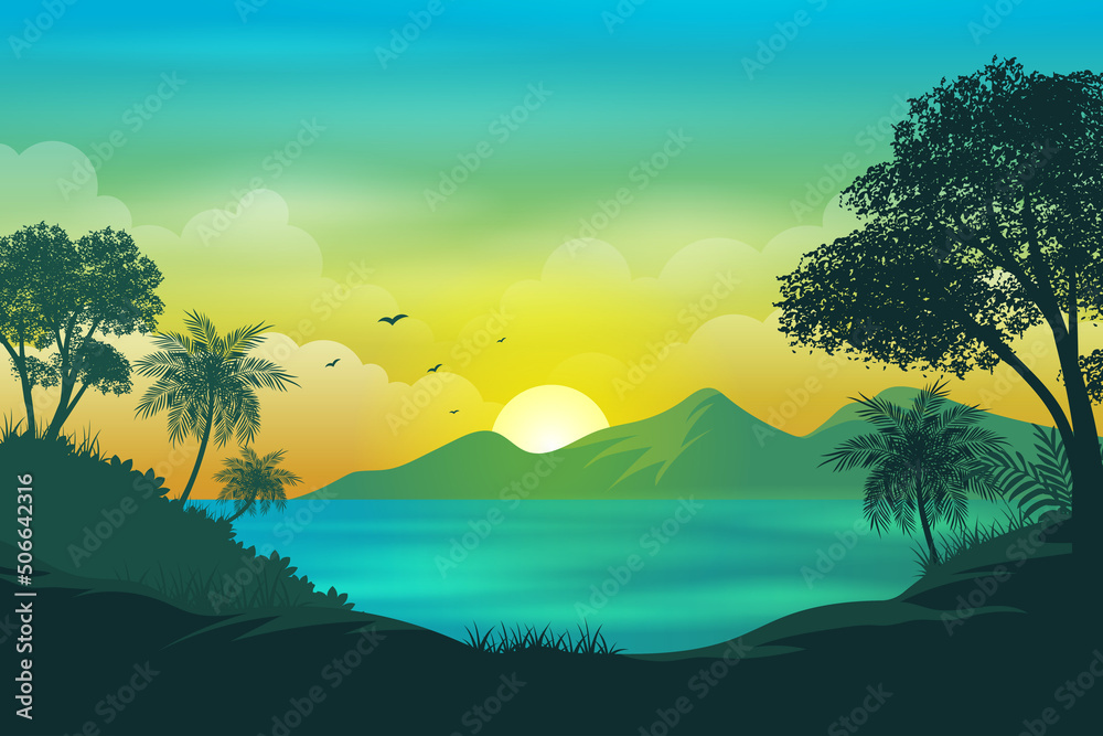 Beautiful sunset or sunrise with trees with green and yellow glowing sky