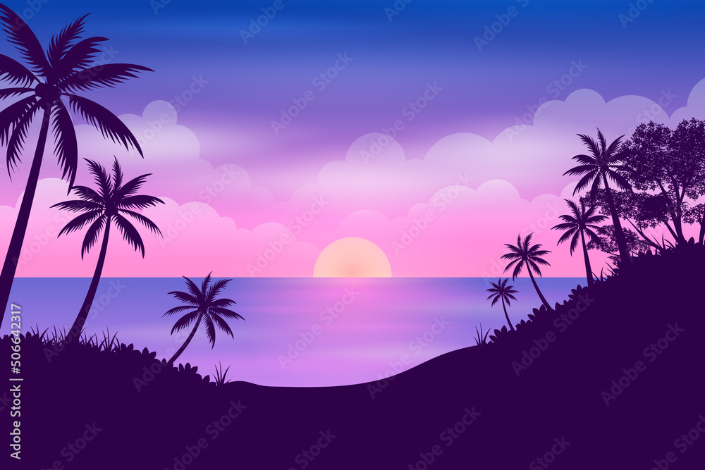 Tropical forest and ocean with beautiful Purple sky sunset or sunrise 