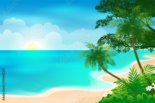 Beach shore line with coconut trees and tropical plants during daytime