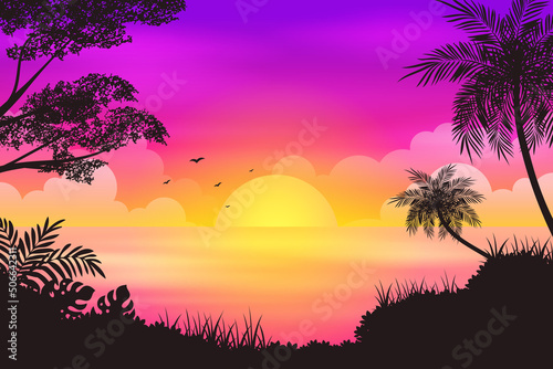 Fototapeta Naklejka Na Ścianę i Meble -  Tropical forest and sunset beach with colorful sky Cartoon illustration