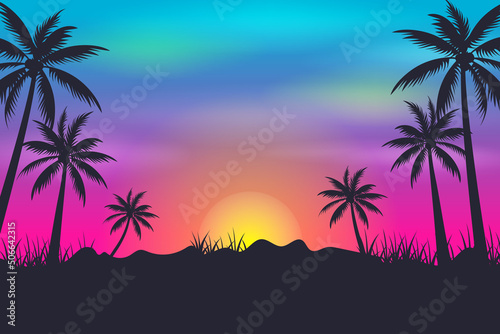 Tropical palm trees with colorful sunset or sunrise sky Cartoon illustration   © Astira