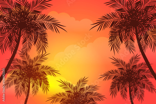 Tropical palm trees with beautiful sunset or sunrise sky Cartoon illustration © Astira