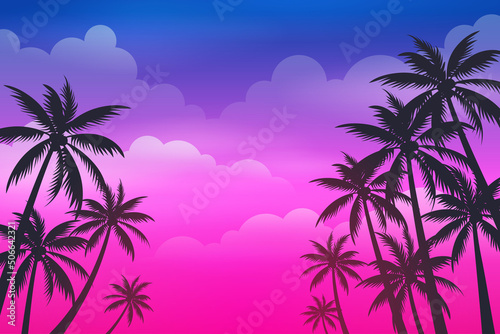 Tropical palm trees with blue and pink sky Cartoon illustration