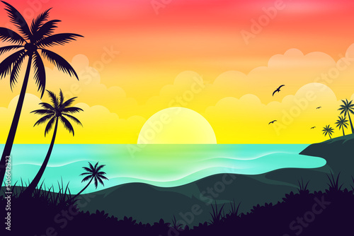 Ocean landscape in sunset or sunrise with beautiful sky Cartoon illustration