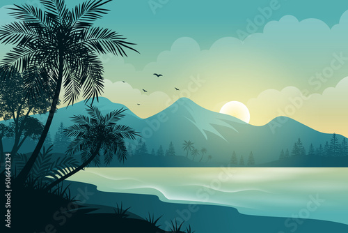 Sunset or sunrise on the beach and tropical forest and mountain