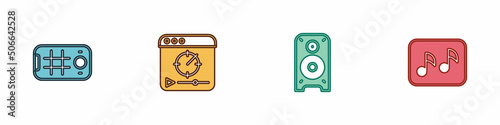 Set Selfie on mobile, Online play video, Stereo speaker and Music note, tone icon. Vector