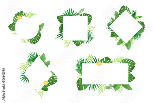 Tropical leaves. Vector summer card with exotic leaves, jungle plants with palm, monstera, plumeria flowers, calathea, philodendron. Nature botanical decorative collection for invitation, wedding