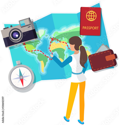 Camping and hiking activities modern concept. Woman tourist looks at world map with continents and chooses travel route. Backpacking and traveling. Journey attributes compass, passport and camera