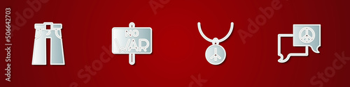 Set Jeans wide, No war, Necklace with peace symbol and Speech bubble chat icon. Vector