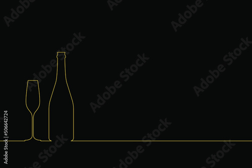 Champagne bottle and glass on the table silhouettes with space for text. Linear symbol isolated on black background. Vector illustration