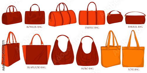 Coloring set of stylish bags. Bowling, hobo, trapezoid, duffle, barrel, tote. Collection of luxury modern accessories.