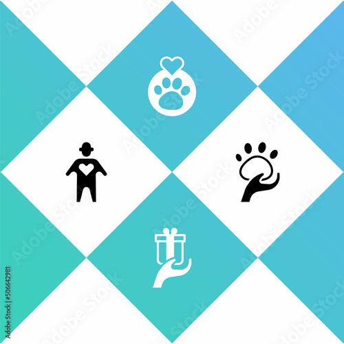 Set Volunteer, Give gift, Heart with animals footprint and Animal volunteer icon. Vector