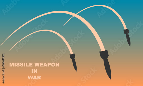 Fotografiet Missile rocket warhead launch frying air strikes in war with evening twilight sky background icon flat vector design