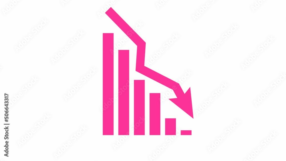 Animated pink chart of financial decline with a trend line chart. Economic crisis, recession, decrease graph. Bar chart. Profit down. Vector illustration isolated on white background. Animated pink chart of financial decline with a trend line chart. Economic crisis, recession, decrease graph. Bar chart. Profit down. Vector illustration isolated on white background.