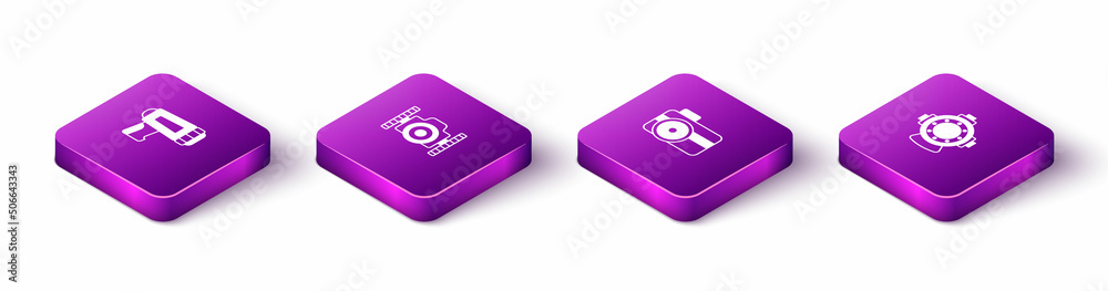 Set Isometric Flashlight for diver, Photo camera, and Aqualung icon. Vector Set Isometric Flashlight for diver, Photo camera, and Aqualung icon. Vector
