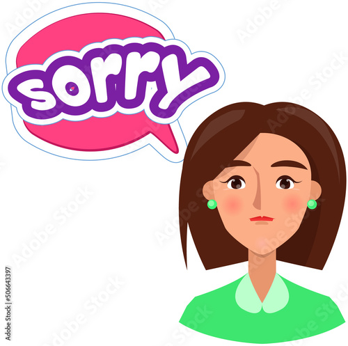 Lady near word text on talk shape. Girl says sorry. Guilty woman apologizes, answers, talks. Communication, conversation concept. Sticker, colloquial speech bubble above head of female character