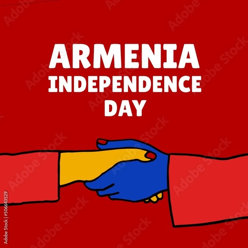 Illustration of armenia independence day text with diverse people handshaking against red background