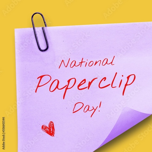 Illustration of paperclip on purple paper with national paperclip day text, copy space