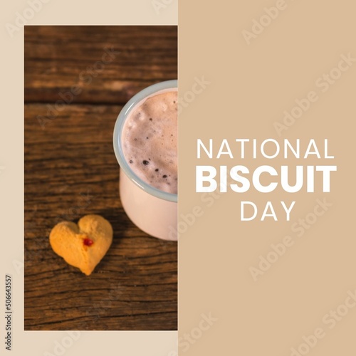 Composite image of national biscuit day text with drink and biscuit, copy space