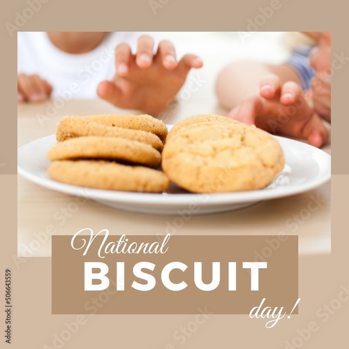 Composite of national biscuit day text with caucasian siblings reaching biscuits in plate