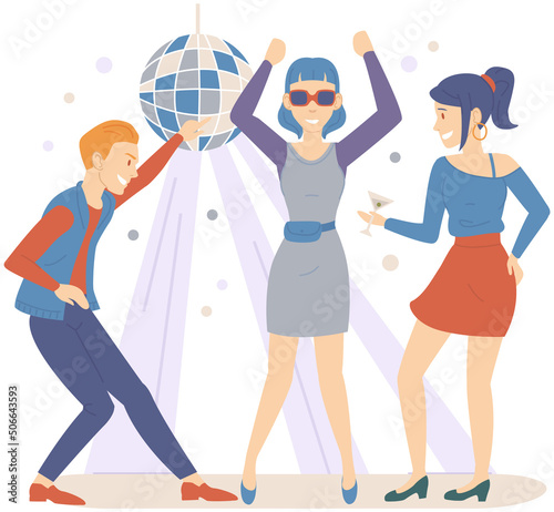 Young people spending time together at party, Man and women dancing and having fun. Group of friends while dancing in nightclub with disco ball. Dance, entertainment, pastime recreation concept