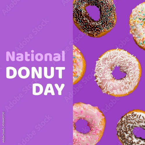 Digital composite image of national donut day text by sweets against purple background