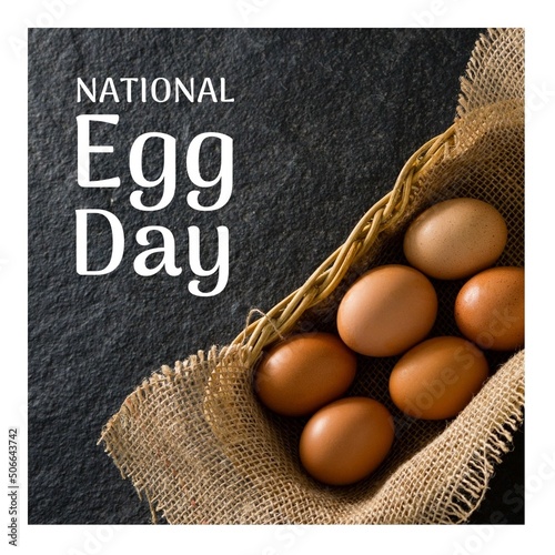 Digital composite image of national egg day text by brown eggs on burlap in wicker basket on table