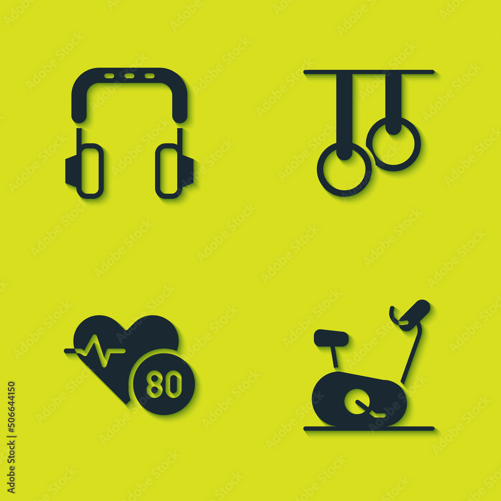 Set Headphones, Stationary bicycle, Heart rate and Gymnastic rings icon. Vector Set Headphones, Stationary bicycle, Heart rate and Gymnastic rings icon. Vector