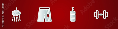 Set Shower, Short or pants, Punching bag and Dumbbell icon. Vector