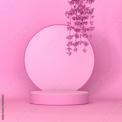 Abstract geometric minimalistic background with round podium for product, pink lilac pastel color, eucalyptus flower branches, empty showcase, mocap, 3d rendering © sokolova_sv