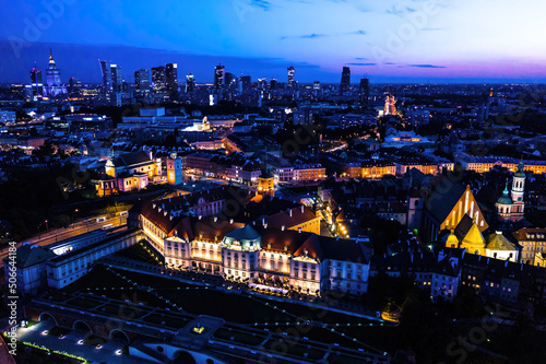 Warsaw  Poland  Cityscape with high angle above aerial view of historic architecture buildings in old town market square at night