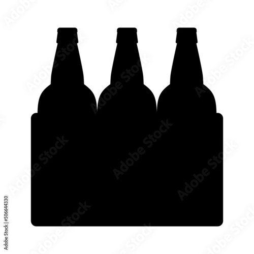 Set of beer bottles in box. Black silhouette on white background. Isolated vector illustration.