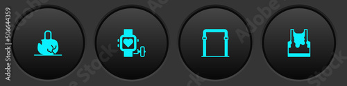 Set Broken weight, Smart watch with heart, Sport horizontal bar and Sweaty sleeveless t-shirt icon. Vector